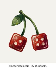 Two red dice shaped cherries illustration. hand drawn style fruit design. Gambling with nature concept. Square dice cherries illustration. creative luck and fruit art. T-shirt or logo design.