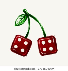 Ilustración de dos cerezas en forma de dados rojos. diseño de frutas de estilo dibujado a mano. Apostar con el concepto de la naturaleza. Ilustración de cerezas de dados cuadrados. suerte creativa y arte de frutas. diseño de camiseta o logotipo.