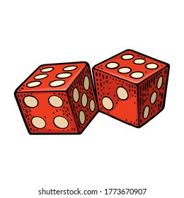 Two red dice. Vintage color vector engraving isolated on white background.