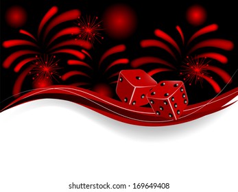 Two red dices and fireworks on black background