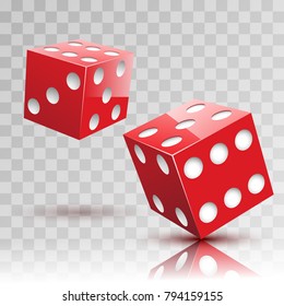 Two red Dices on transparent background. Gambling icon. Vector Illustration 
