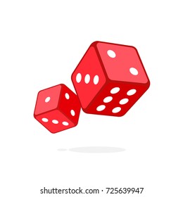 Two red dices on white background, isolated. Vector, illustration, flat