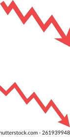 Two red, downward trending arrow graphs illustrate a significant market decline, representing financial loss or economic downturn. The jagged lines show fluctuating decline.