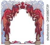 Two red dragons sitting on a Gothic arch and breathing out smoke, guarding the entrance into the world of Fantasy. Square symmetrical composition, suitable as a template. EPS10 vector illustration.