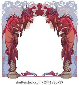 Two red dragons sitting on a Gothic arch and breathing out smoke, guarding the entrance into the world of Fantasy. Square symmetrical composition, suitable as a template. EPS10 vector illustration.