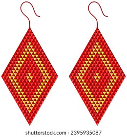 Two red earrings with yellow trim in the shape of a rhombus, made of triangles