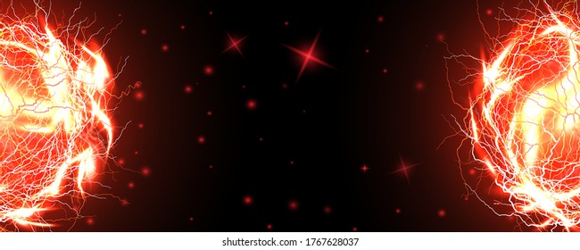 Two red electric balls. Powerful electrical discharge, magical energy flash. Lightning circle strike impact place, plasma sphere in isolated on dark background. Realistic 3d vector illustration