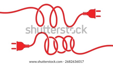 Two red electrical plugs with tangled cords are depicted against a clean white background, symbolizing connection and energy.