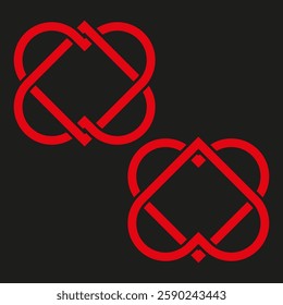 Two red emblems on black. Abstract heart geometry. Bold modern symbol.