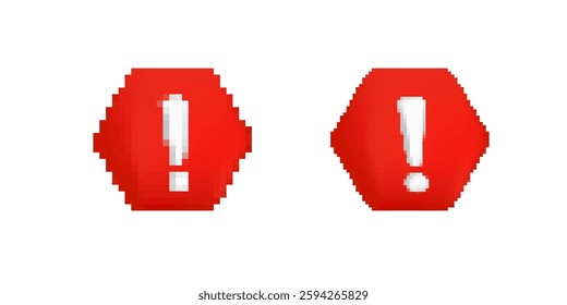 Two red exclamation marks within hexagonal shapes signify urgency or caution and attract attention.