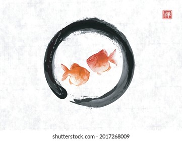 Two red fishes in black enso zen circle on rice paper background. Traditional oriental ink painting sumi-e, u-sin, go-hua. Translation of hieroglyph - good luck.