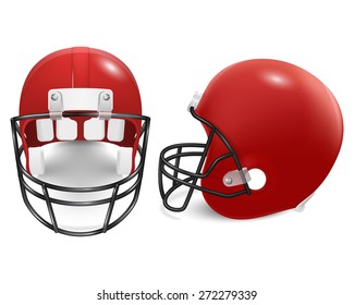 Two red football helmets - front and side view. Vector EPS10 illustration.