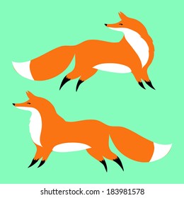 two red foxes on a blue background