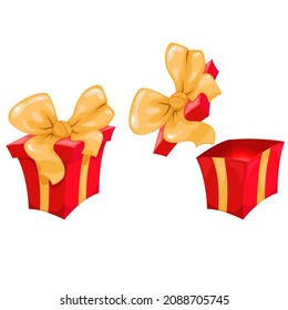 Two red gift boxes in cartoon style. One box is open, the other is closed. Decor elements. Flat vector illustration isolated on white background.