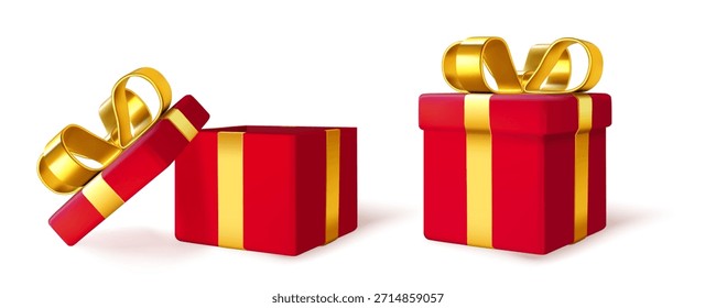 Dos cajas de regalo rojas con cintas doradas brillantes mostradas cerradas y abiertas, estilo realista sobre fondo blanco. Concepto de celebración y sorpresa. Ilustración vectorial
