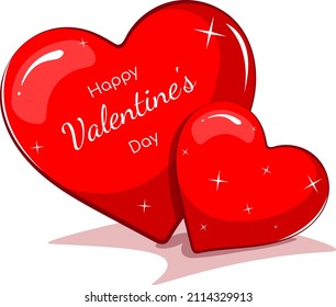 Two red glitter hearts on a white background with text Happy Valentine's Day