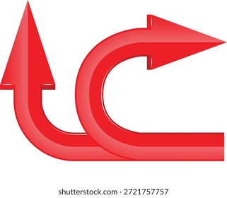 Two red glossy arrows crossing and turning in different directions, representing complex problem-solving, navigation, or path changes.