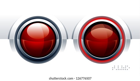 Two red glossy buttons. One of them is pushed. High tech style. Layered. Vector illustration.