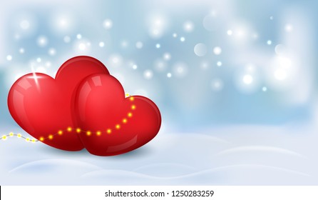 Two red glossy hearts on a frosty white snow background. Love and St. Valentine concept