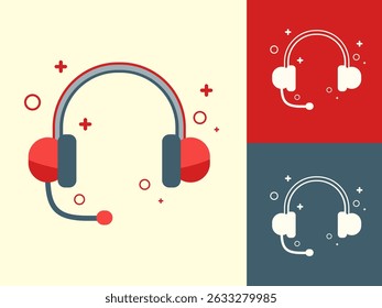 two red and gray headphone icons with microphones, surrounded by red dots and crosses suggesting sound waves digital signals.suit themes like music, audio entertainment, call centers, or communication