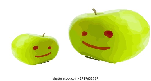 Dos manzanas rojas y verdes sonriendo y llorando sobre fondo blanco. Concepto de hipocresía para ocultar los sentimientos de emoción mantener su tristeza y alegría de las parejas en las relaciones románticas y la pareja de la familia