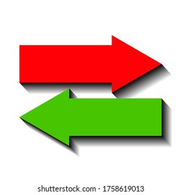 Two red and green arrows on a white background and black shadow, sign for design, vector illustration