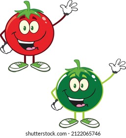 Two Red and Green Cartoon Tomatoes.