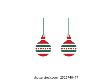 Two red and green hanging Christmas ornaments on white background. Symmetrical holiday decoration. Christmas celebration concept for greeting card and print