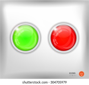 Two red, green, isolated, round, modern, simple buttons, labels, stickers, signs, badges with lights, bright background