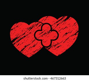 two red grunge hearts on black background abstract vector illustration