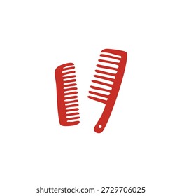 Two red hair combs, one larger and one smaller, are isolated on a clean white background.
