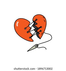 Two red halves of a broken heart are sewn together. Needle with thread. Love repair, healing. Sad emotion. Colored doodle style. Vector illustration on isolated white background. Valentine's day conce