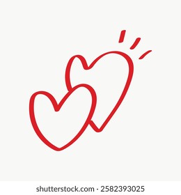 Two red hand-drawn hearts with a playful design. Simple heart shapes, red hearts, hand-drawn style. Perfect for love-themed projects or romantic designs. Valentine's Day illustration vector.