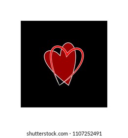 Two red heart in black square. Romantic symbol linked, join, love, passion and wedding. Template for t shirt, apparel, card, poster, etc. Design element of valentine day. Vector illustration