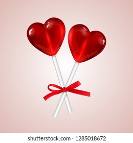 Two red heart lollipops with a beautiful red bow on a light background, tasty candy, lovers, a treat for children. Valentines day. Food, dessert, sugar. 3D effect. Vector illustration. EPS10