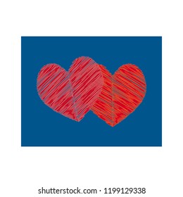 Two red heart on blue background sign. Symbol linked, join, love, passion and wedding. Colorful template for t shirt, apparel, card, poster, valentine day. Design element. Vector illustration