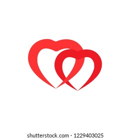 Two red heart on white background sign. Symbol linked, join, love, passion and wedding. Template for t shirt, apparel, card, poster, valentine day. Design element. Vector illustration