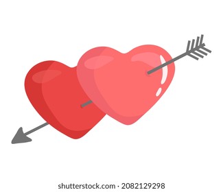 Two red heart pierced with arrow. Illustration isolated on white background. Love and Valentine's Day concept. 