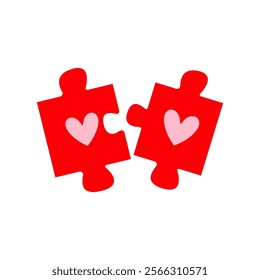 Two red heart puzzle pieces connect, symbolizing love and unity for Valentine's Day