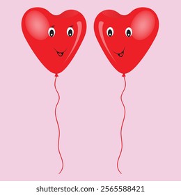 Two red heart shaped balloons with male and female faces 