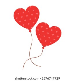Two red heart shaped balloons with heart print isolated on white background. Romantic decoration. Love symbol. Vector flat illustration for Valentines day, wedding, anniversary, birthday