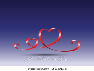 Two red heart shaped ribbons symbolize love instead of feelings on a white-blue background. Enjoy the day of love.