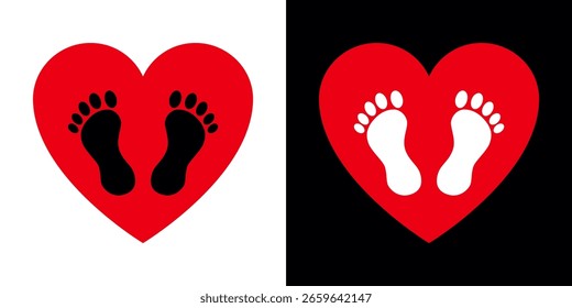 two red heart shapes, each containing a pair of baby footprints. 