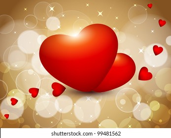 Two red heart shapes on shiny bright color background. EPS 10. Vector illustration.