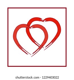Two red heart in square on white background sign. Symbol linked, join, love, passion and wedding. Template for t shirt, apparel, card, poster, valentine day. Design element. Vector illustration