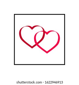 Two red heart in square. Sign on white background. Romantic symbol linked, love, passion and wedding. Template for t shirt, apparel, card, poster. Design element of valentine day. Vector illustration.