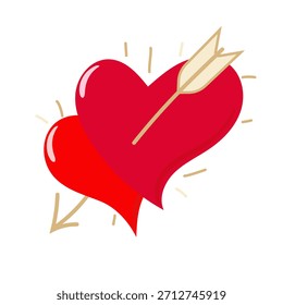 Dos corazones rojos y una flecha. San Valentín.