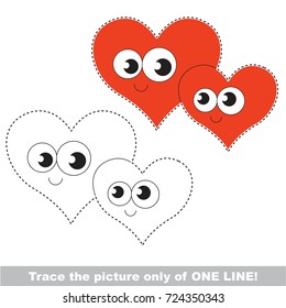 Two Red Hearts to be traced only of one line, the tracing educational game to preschool kids with easy game level, the colorful and colorless version.
