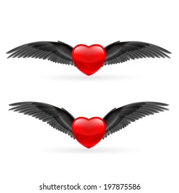 Two red hearts with black crow wings.