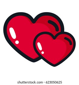 Two red hearts with a black outline in a cartoon style. Illustration for design party on Valentine's Day, weddings, betrothal.